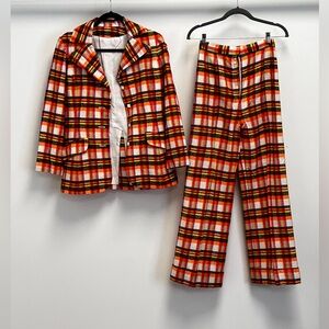 Vintage Handmade Plaid Pant Suit Orange Retro Blazer and Pants Set XS